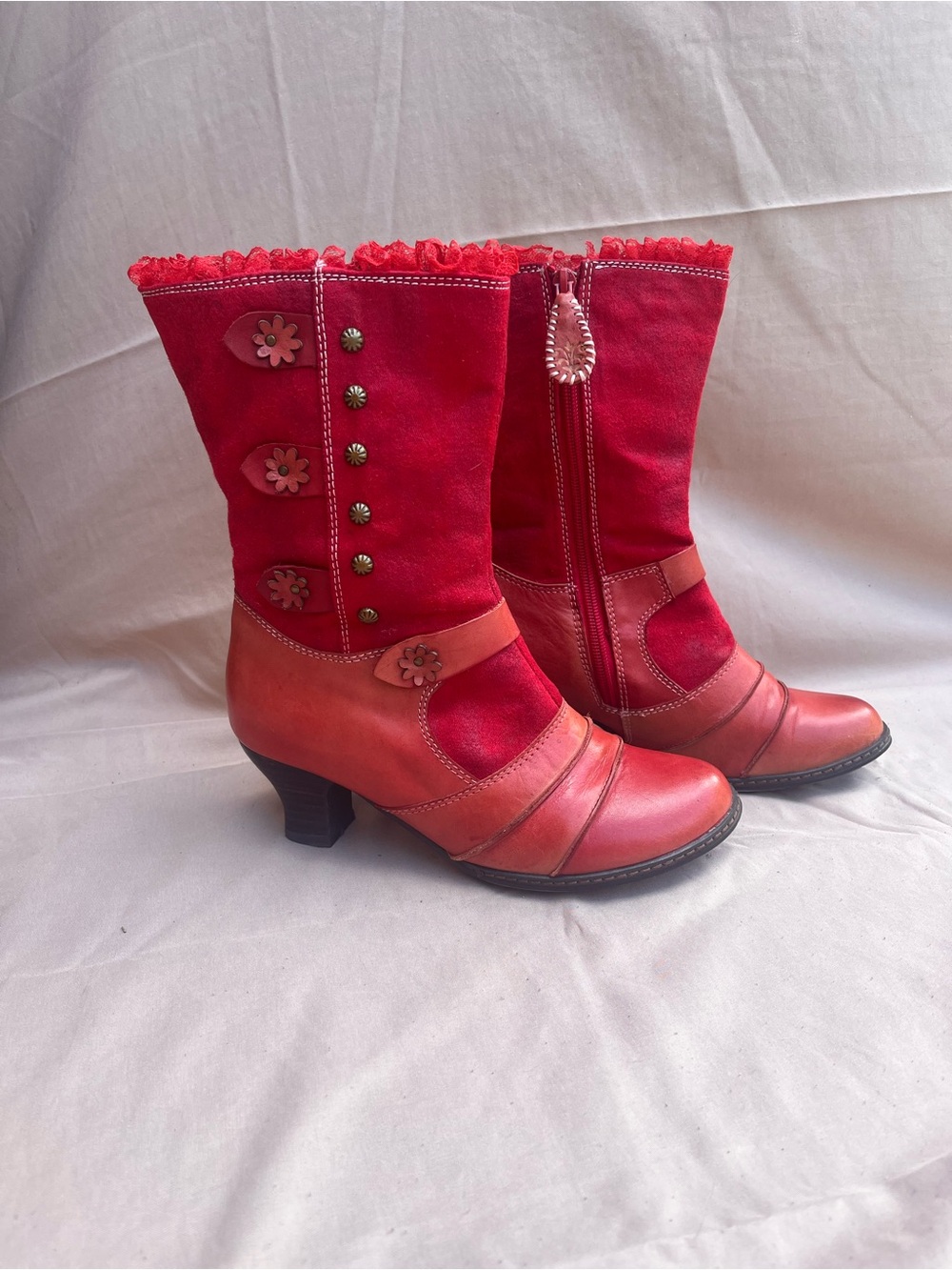 Savvy Red Mid-Calf Floral Button Heeled Boots